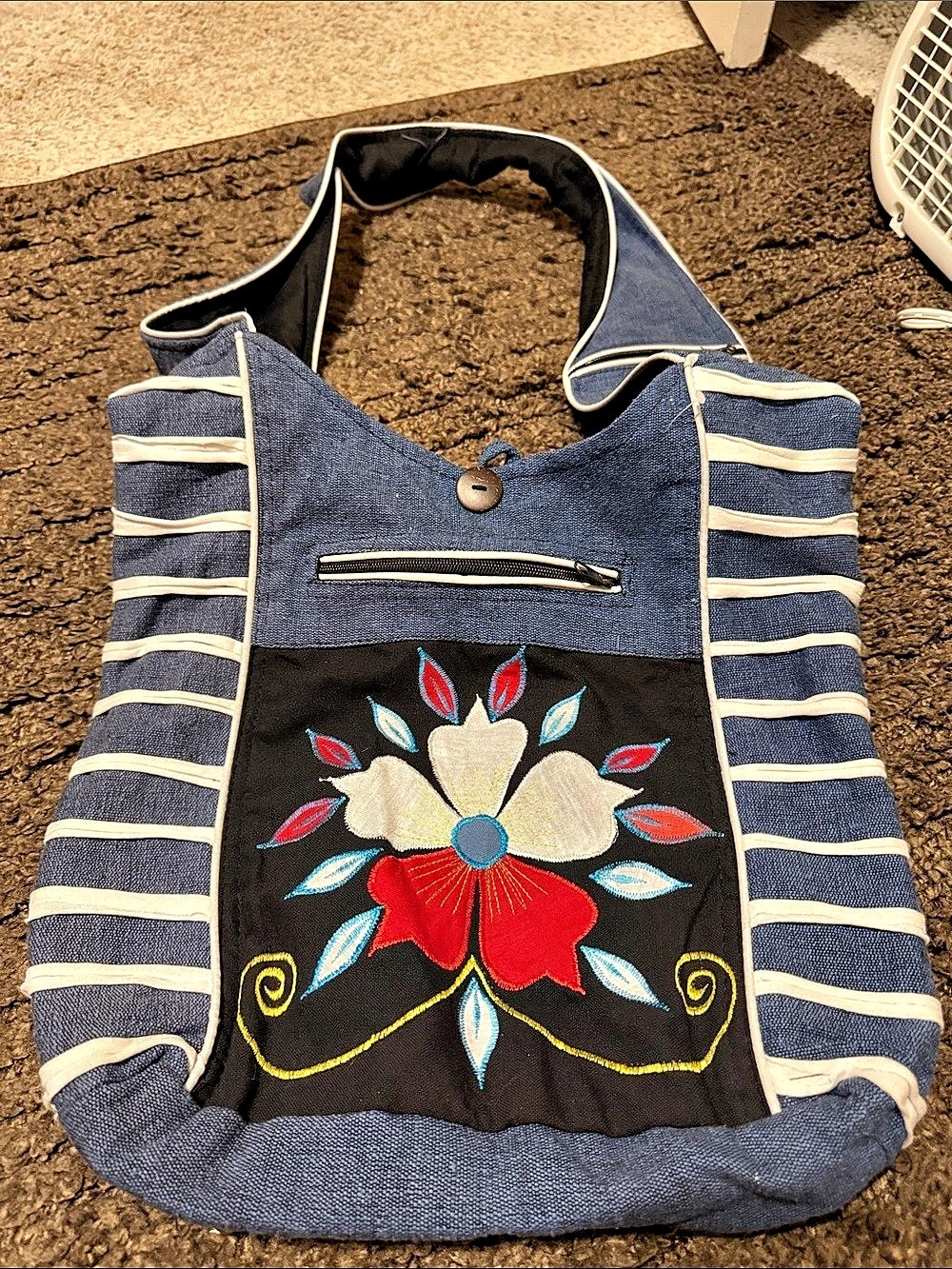 Embroidered Striped Shoulder Bag in Blue & Black